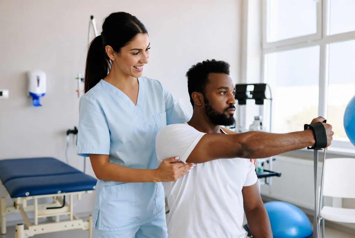 Physiotherapy and rehabilitation session for an injured worker at WIN Medical Group near Philadelphia